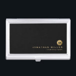 Minimal Black Brushed Gold Monogram Business Card Case<br><div class="desc">Minimalist monogram design with classic block typography gold brushed metal monogram medallion with personalized name and title or custom text below on a simple black background. Personalize for your custom use.</div>