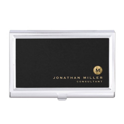 Minimal Black Brushed Gold Monogram Business Card Case