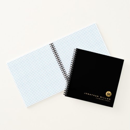 Minimal Black Brushed Gold Monogram Graph Paper Notebook