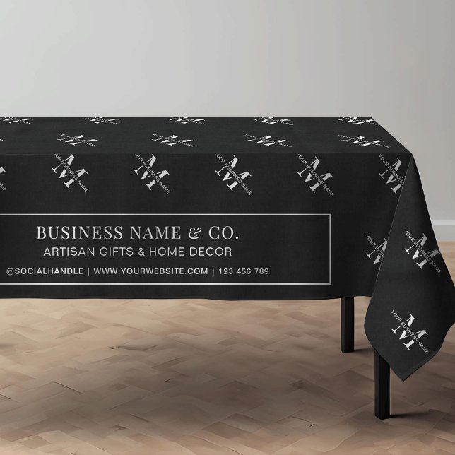 Minimal Black Business Initials Monogram Branded Tablecloth (Minimalist black monogrammed business trade show tablecloth with fully editable text & colors)