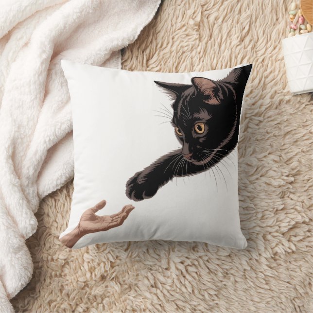 Minimal Black Cat & Human Connection Throw Pillow (Blanket)