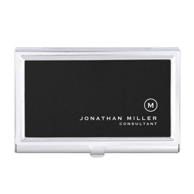 Minimal Black Classic Monogram Business Card Case (Front)