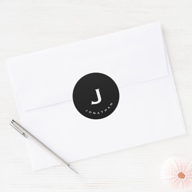 Minimal Black Classic Monogram Classic Round Sticker (Envelope)