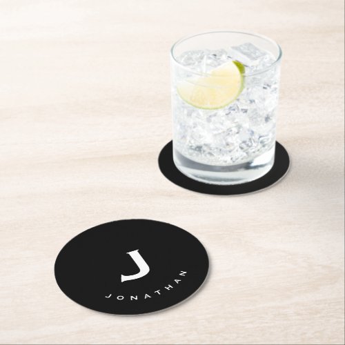 Minimal Black Classic Monogram Round Paper Coaster