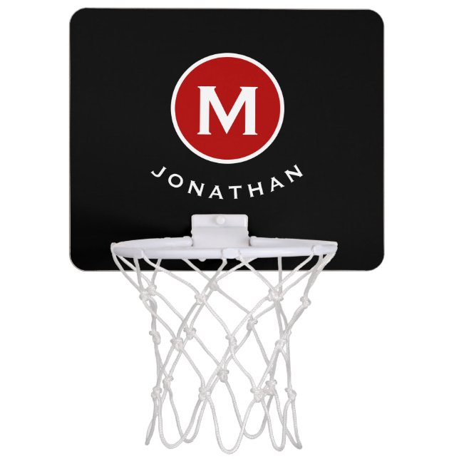 Minimal Black Classic Red Monogram Name Mini Basketball Hoop (Front)