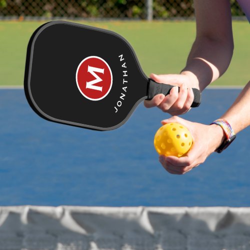 Minimal Black Classic Red Monogram Name Pickleball Paddle