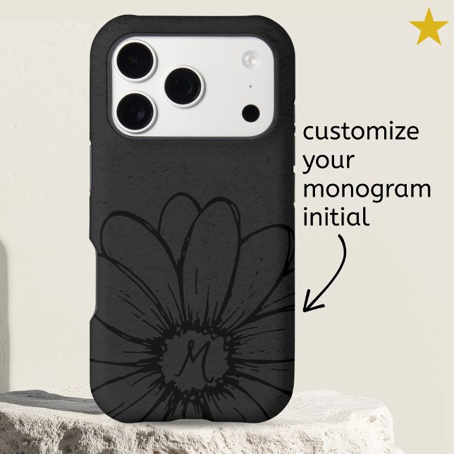 Minimal Black Daisy Flower Drawing Monogram  Case-Mate iPhone Case (Creator Uploaded)