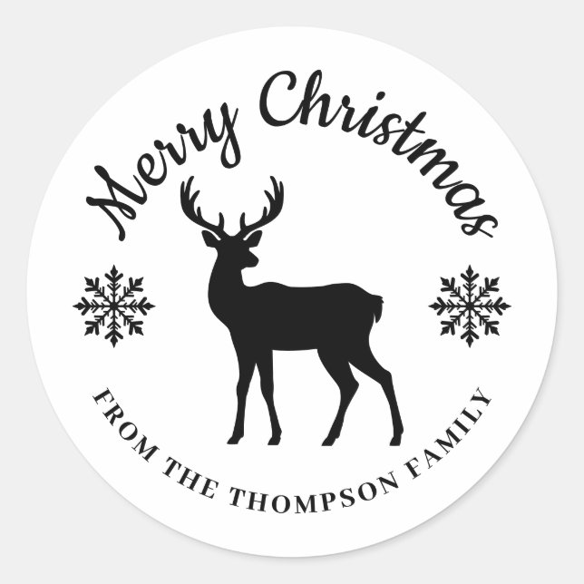 Minimal Black Deer And Snowflakes Merry Christmas Classic Round Sticker (Front)