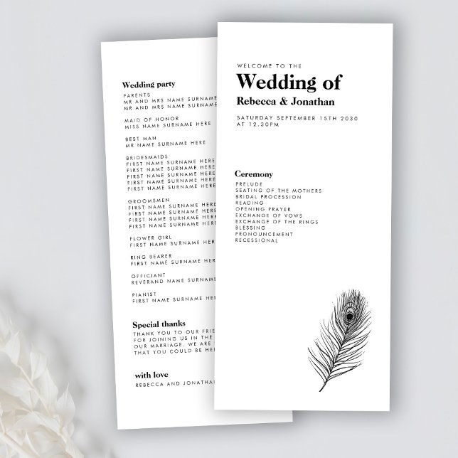Minimal Black Feather Wedding Program (Creator Uploaded)