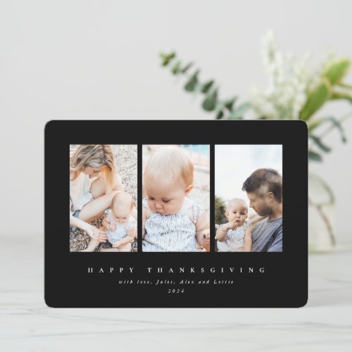Minimal Black Frame 3 Photo Happy Thanksgiving Holiday Card