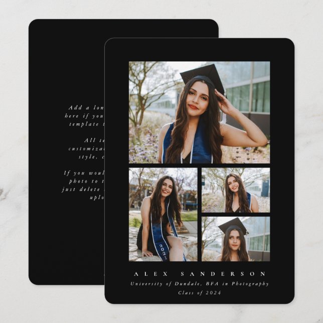 Minimal Black Frame 4 Photo Graduation Announcement (Front/Back)