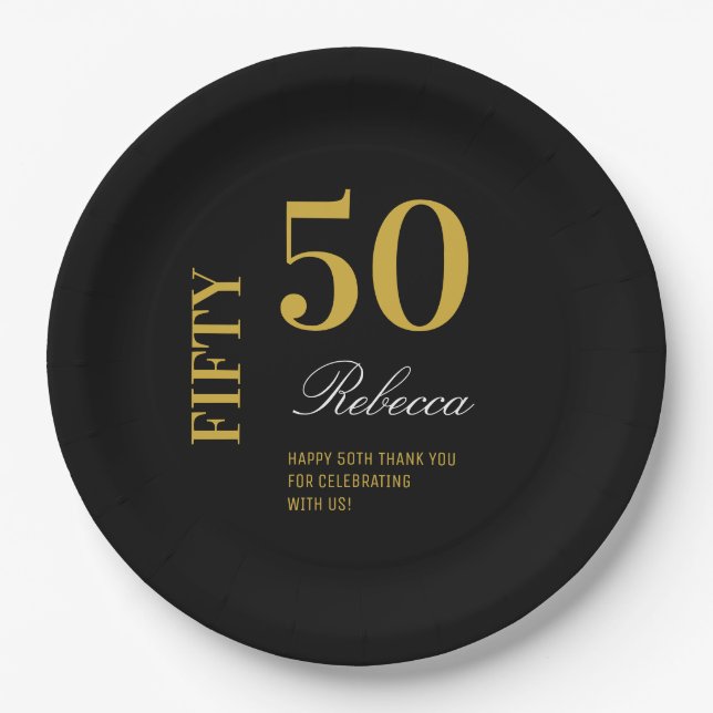 Minimal Black & Gold 50th Birthday Party Cocktail  Paper Plates (Front)