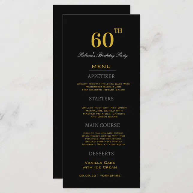 Minimal Black & Gold 60th Birthday Party Custom Menu | Zazzle