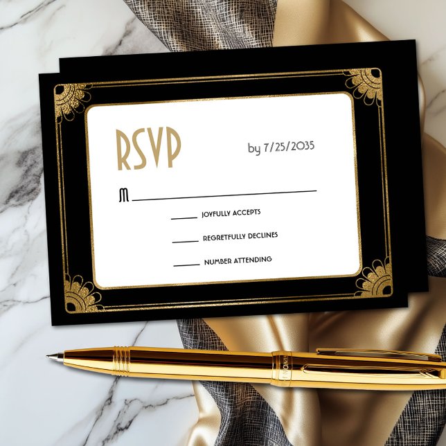 Minimal Black Gold Art Deco Floral Wedding RSVP Enclosure Card (Elegant minimal black and gold art deco wedding RSVP flat card)