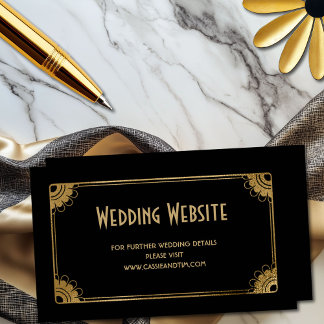 Minimal Black Gold Art Deco Floral Wedding Website Enclosure Card