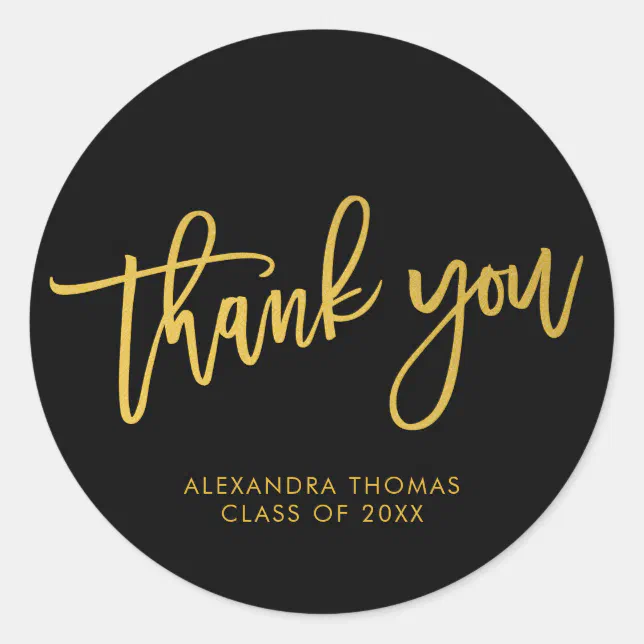 Minimal Black Gold Brush Script Thank You Classic Round Sticker | Zazzle