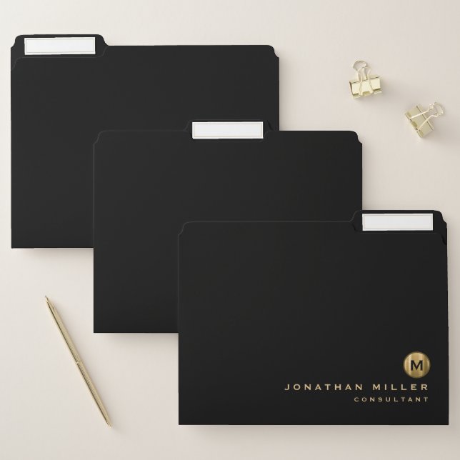 Minimal Black Gold Brushed Metal Monogram File Folder (Set)