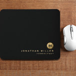 Minimal Black Gold Brushed Metal Monogram Mouse Pad<br><div class="desc">Minimalist monogram design with brushed metal gold monogram medallion; masculine classic block typopgrahy with personalized name and title below on a simple black background. Personalize for your custom use.</div>