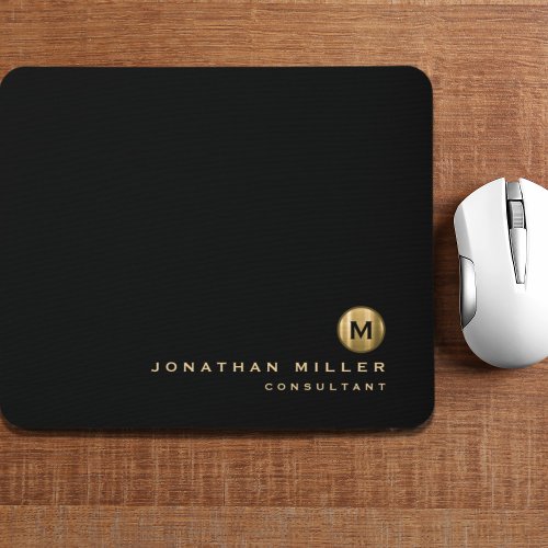 Minimal Black Gold Brushed Metal Monogram Mouse Pad