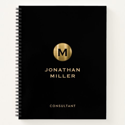 Minimal Black Gold Brushed Metal Monogram Notebook