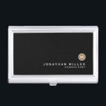 Minimal Black Gold Classic Monogram Business Card Case<br><div class="desc">Minimalist monogram design with classic block monogram initial on gold medallion with personalized name and title below on a simple black background. Personalize for your custom use.</div>