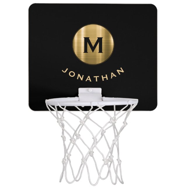 Minimal Black Gold Classic Monogram Mini Basketball Hoop (Front)