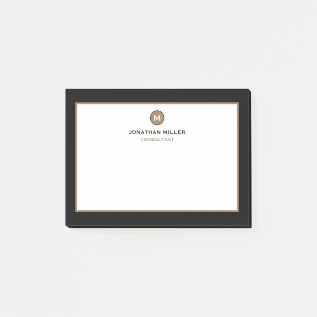 Minimal Black Gold Classic Monogram Post-it Notes (Front)
