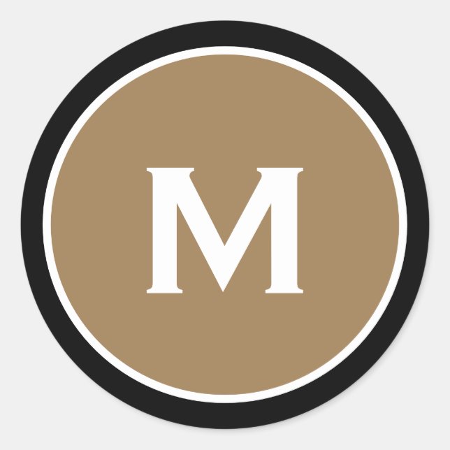 Minimal Black Gold Classic Monogram Round Sticker (Front)