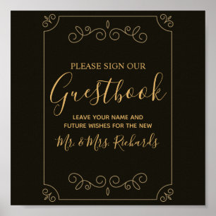 Minimal Black Gold Frame Borders Wedding Guestbook