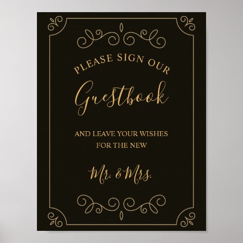 Minimal Black Gold Frame Borders Wedding Guestbook