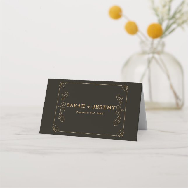 Minimal Black Gold Frame Borders Wedding Place Card (Back)