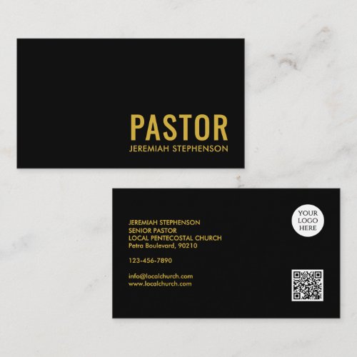 Minimal Black Gold Logo QR Code PASTOR Business Card