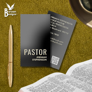 Minimal Black Gold Logo QR Code PASTOR Foil Spot Gloss Business Cards