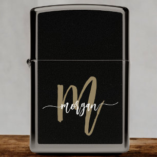Minimal Black Gold Modern Typographic Monogram Zippo Lighter