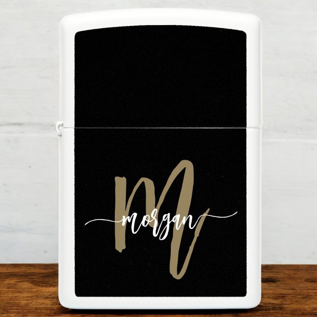 Minimal Black Gold Modern Typographic Monogram Zippo Lighter (Creator Uploaded)