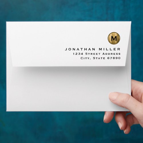 Minimal Black Gold Monogram Return Address Envelope