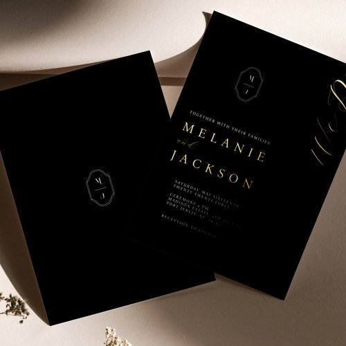 Minimal Black  Gold Personalized Monogram Crest Foil Invitation