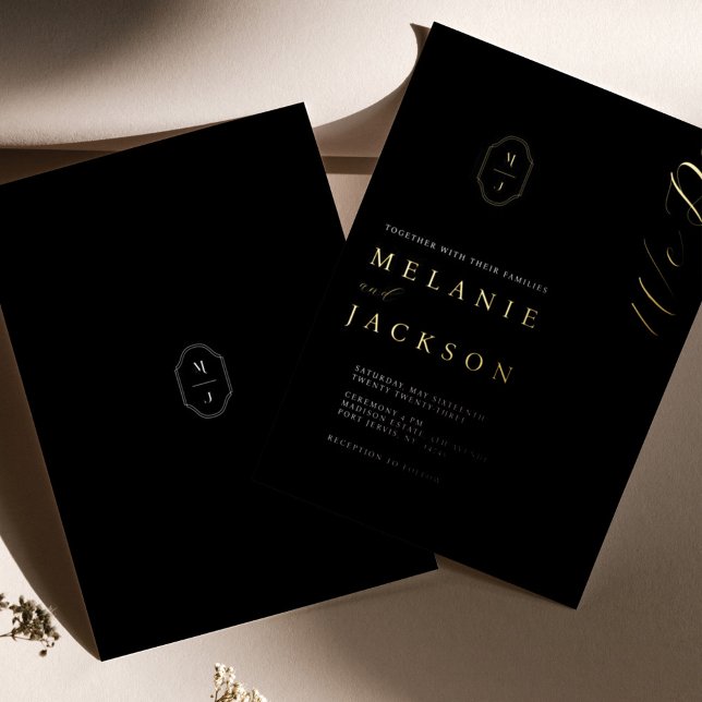 Minimal Black & Gold Personalized Monogram Crest Foil Invitation (Creator Uploaded)