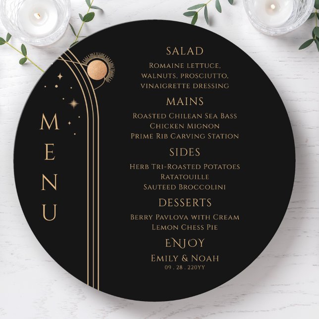 Minimal Black Gold Starry Celestial Wedding Menu (Creator Uploaded)