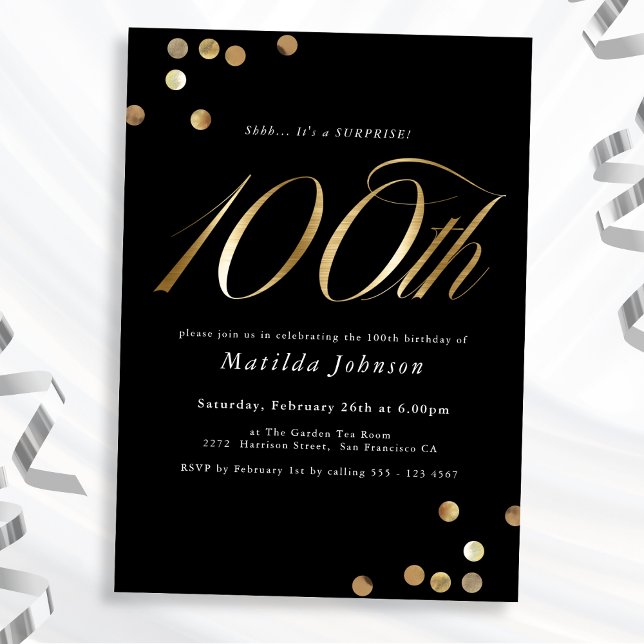 Minimal Black Gold Surprise 100th Birthday Party Invitation (Mockup View)