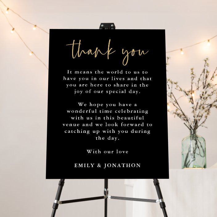 Minimal Black Gold Thank You Letter Wedding Guests Foam Board Zazzle