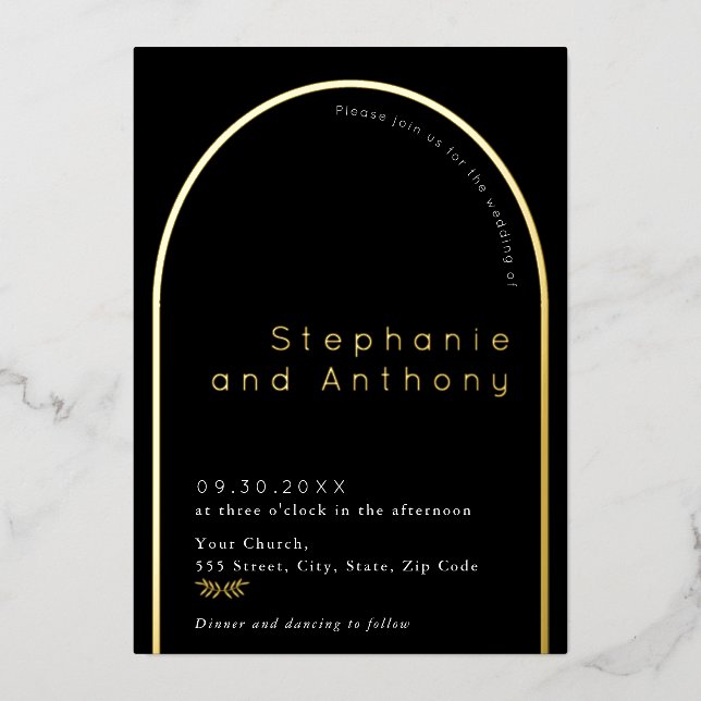 Minimal Black, Gold White Branch Arch Wedding Foil Invitation (Front)