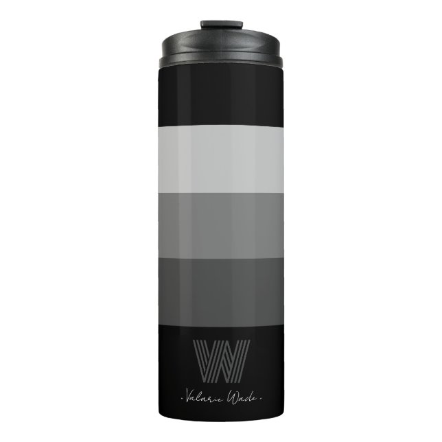 Minimal Black Gray Bars Monogram Thermal Tumbler (Front)