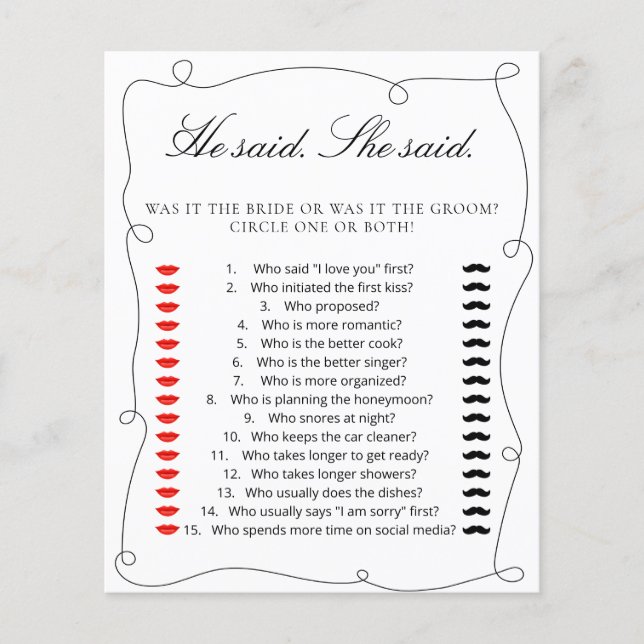 Minimal Black He said. She Said Bridal Shower Game (Front)