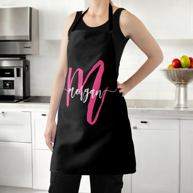 Minimal Black Hot Pink Modern Typographic Monogram Apron (Creator Uploaded)