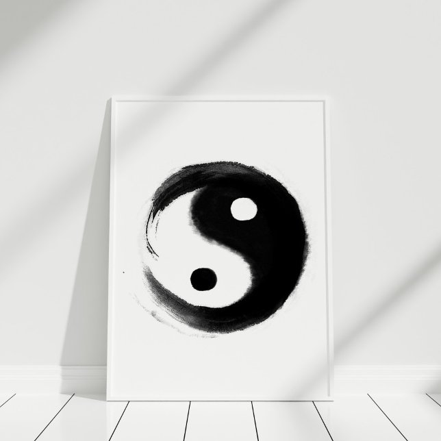 Minimal Black Ink Yin Yang Symbol Wall Art (Black and White Handpainted Yin Yang Poster in white frame)