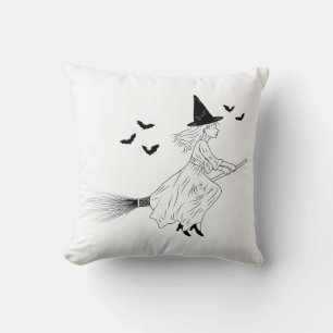Minimal Black Line Art Of Witch And Bats Halloween Throw Pillow