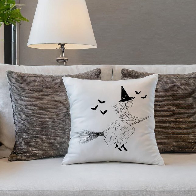 Minimal Black Line Art Of Witch And Bats Halloween Throw Pillow (Disclaimer: This image is a digital mockup.)