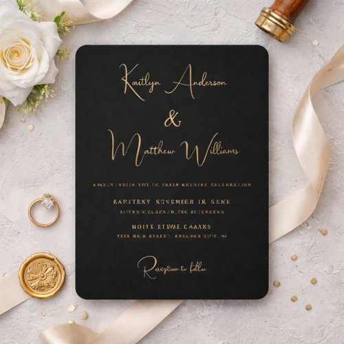 Minimal Black Modern Elegant Gold Script Wedding Invitation