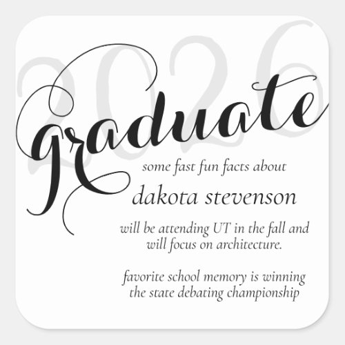 Minimal Black Modern Script Graduation Fun Facts Square Sticker